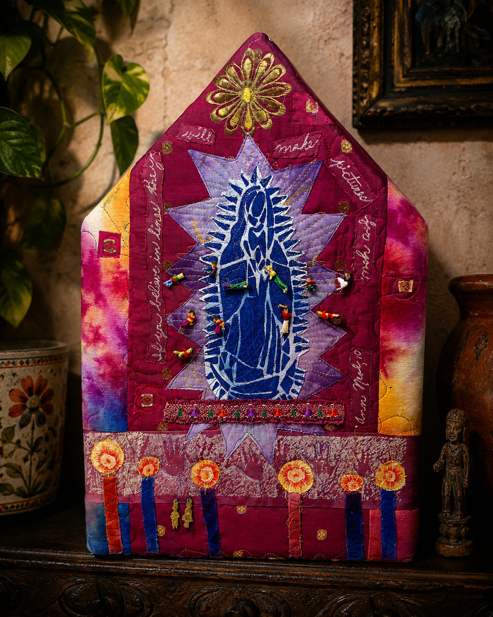 Our Lady Guadalupe Textile Fiber Art Shrine Mixed Media Milagros Handmade